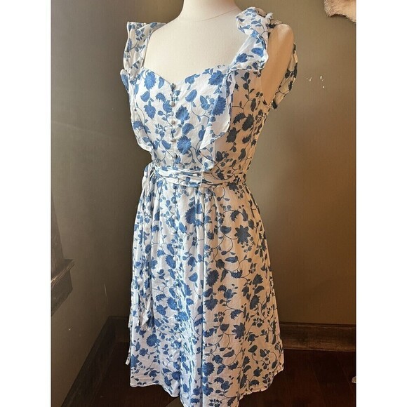 Gal Meets Glam Blue White Olivia Ruffle Floral Tie Waist Dress Size 10 Pockets - Picture 1 of 13